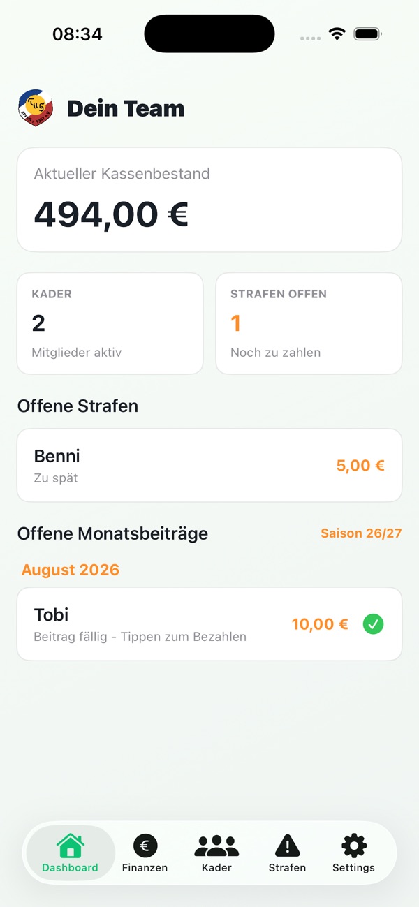 KassenKick: Kassenstand, Strafen und Beiträge des Teams