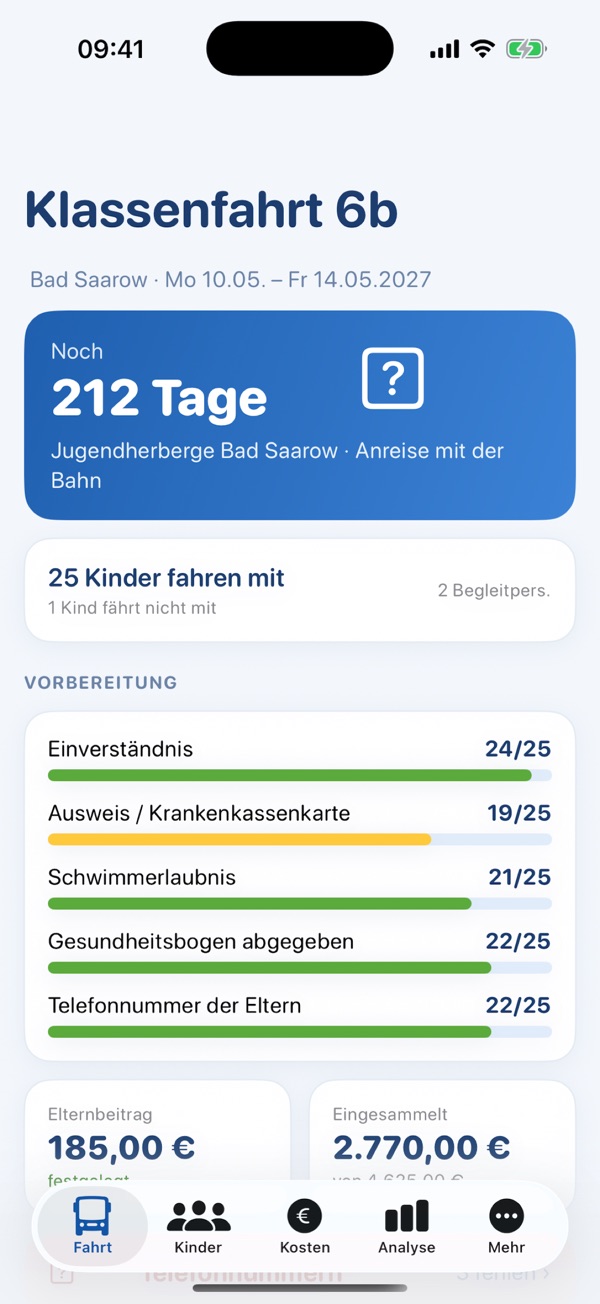 Klassenfahrt Planer: Übersicht einer Fahrt mit Countdown